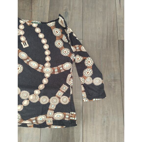 Lauren Ralph Lauren Petite PL Top Brown Chain Print Stretch Long Sleeve Shirt - Picture 3 of 7